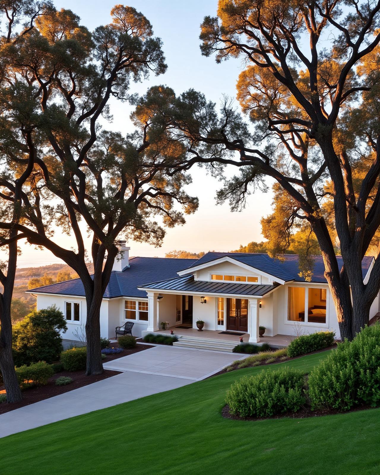 Marin County residential home at golden hour framed by mature oaks